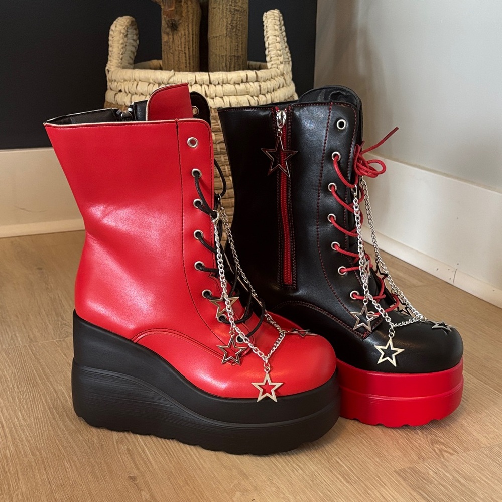 Red and Black Platform Boots with Star Chains